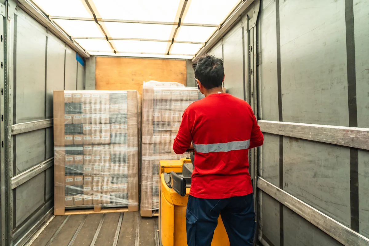 Un homme qui range des palettes de produits