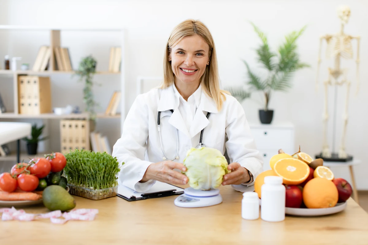 Une femme en blouse blanche avec des aliments sur sa table